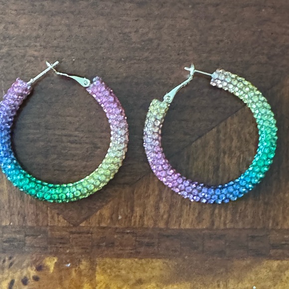 Rainbow Multi Color Rhinestone Hoop Bling Y2K, Retro, Disco, Pride Earrings - Picture 8 of 8
